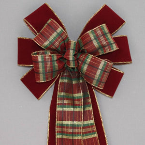 Burgundy Velvet Green Gold Plaid Bow - Package Perfect Bows