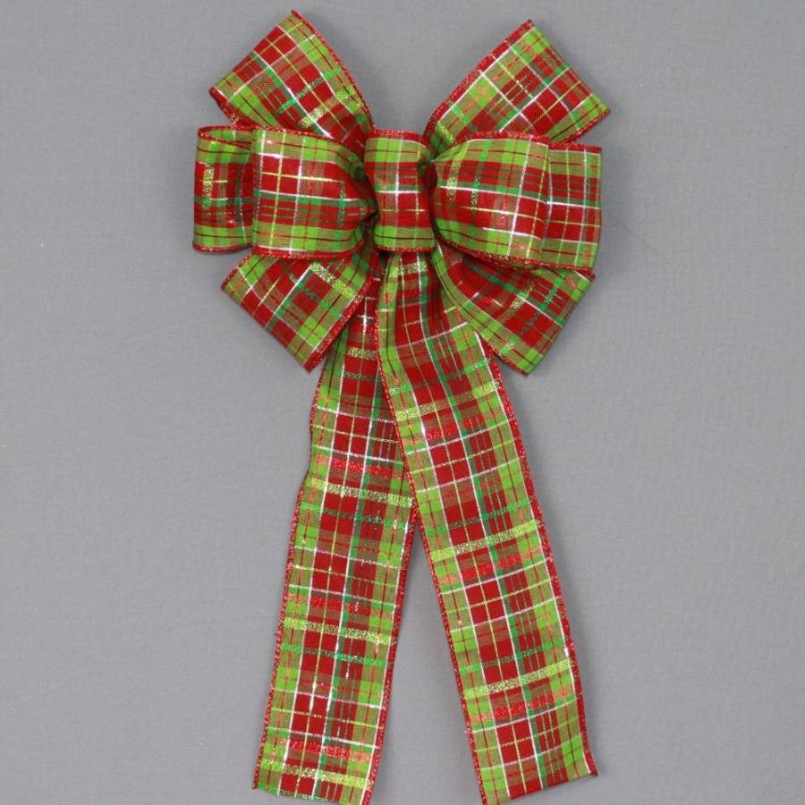 Red Lime Green Metallic Plaid Christmas Bow - Package Perfect Bows - 1