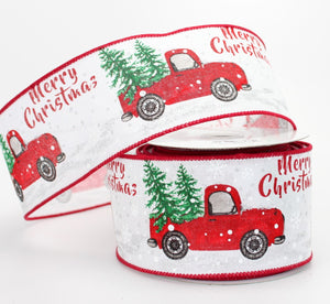 10 yards Merry Christmas Rustic Truck Wire Edge Ribbon 