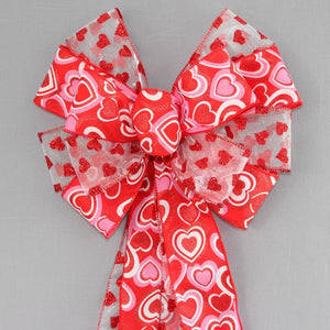Stacked Pink Red Sparkle Hearts Duo Valentine's Day Bow 