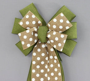 Moss Green Rustic Natural Polka Dot Wreath Bow 