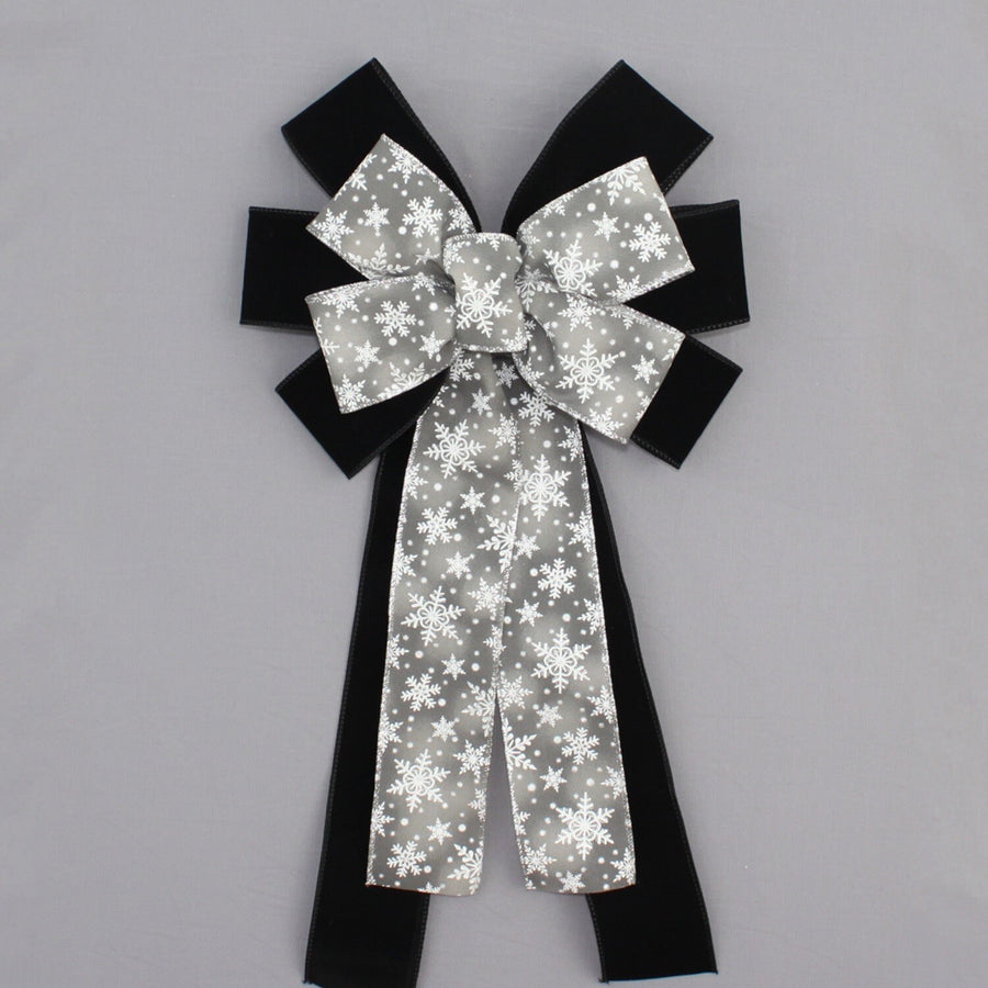 Gray Ombre Snowflake Black Velvet Christmas Wreath Bow 