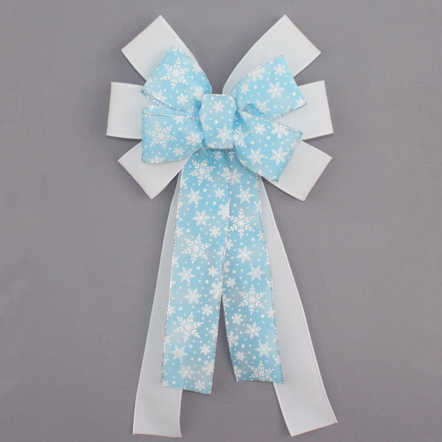 Light Blue Snowflake White Velvet Christmas Wreath Bow 