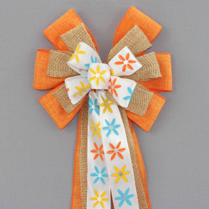 Modern Floral Orange Linen Burlap Bow - Package Perfect Bows