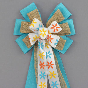 Modern Floral Turquoise Linen Burlap Bow - Package Perfect Bows