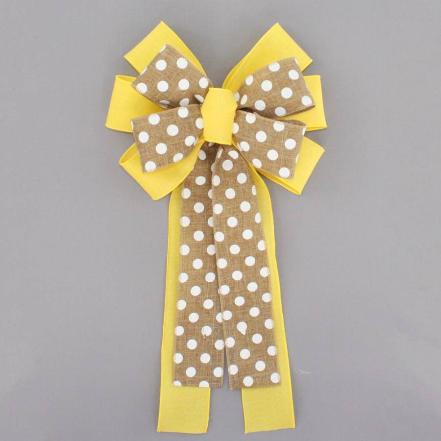 Yellow Rustic Natural Polka Dot Wreath Bow - Package Perfect Bows