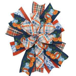 Fall Maple Leaves Blue Orange Wreath Bow - Fall Wreath Bow, Fall Leaves Wreath Bow,