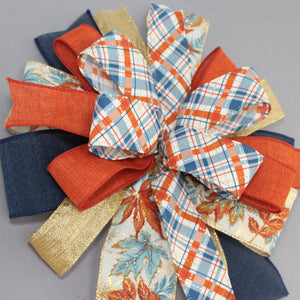 Fall Maple Leaves Blue Orange Wreath Bow - Fall Wreath Bow, Fall Leaves Wreath Bow,