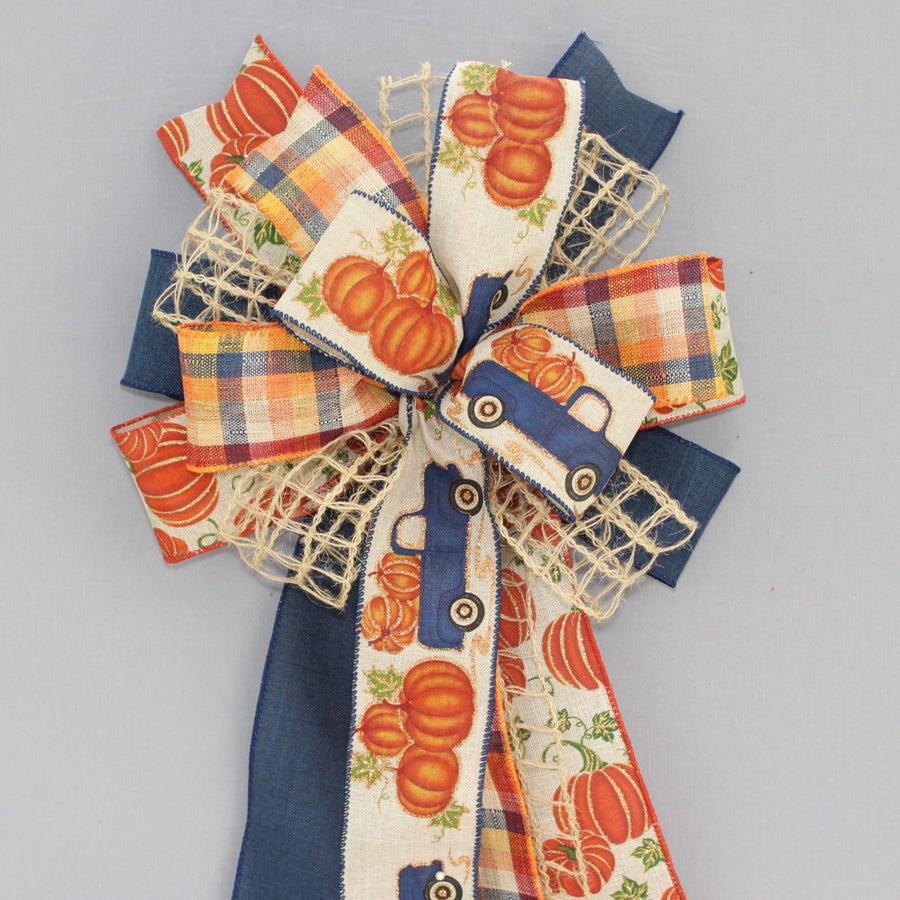 Navy Truck Pumpkin Fall Wreath Bow - Fall Wreath Bow, Pumpkin Wreath Bow