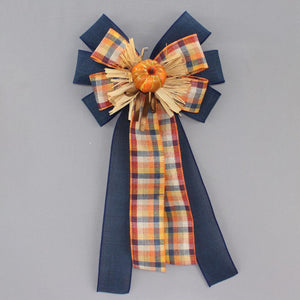 Pumpkin Plaid Navy Fall Wreath Bow - Fall Plaid Bow, Pumpkin Wreath Bow, Fall Wreath Bow, Fall Decorations, Thanksgiving Decorations