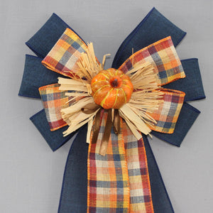Pumpkin Plaid Navy Fall Wreath Bow - Fall Plaid Bow, Pumpkin Wreath Bow, Fall Wreath Bow, Fall Decorations, Thanksgiving Decorations