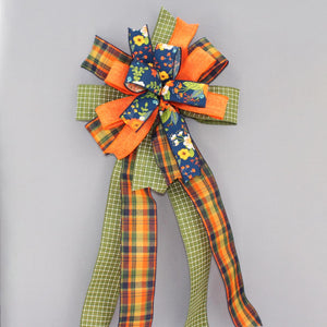 Navy Floral Fall Plaid Wreath Bow - Fall Wreath Bow, Navy Wreath Bow, Thanksgiving Decorations