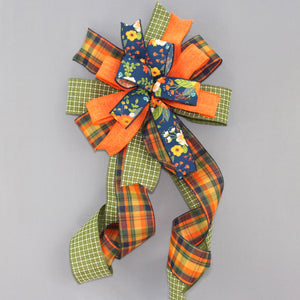 Navy Floral Fall Plaid Wreath Bow - Fall Wreath Bow, Navy Wreath Bow, Thanksgiving Decorations