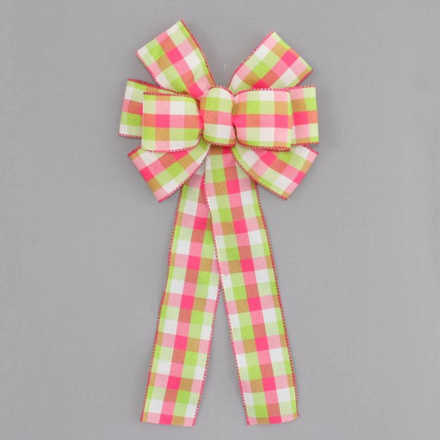 Green Hot Pink  Buffalo Plaid Wreath Bow