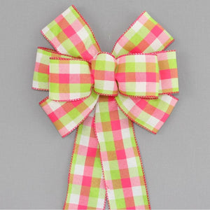 Green Hot Pink  Buffalo Plaid Wreath Bow