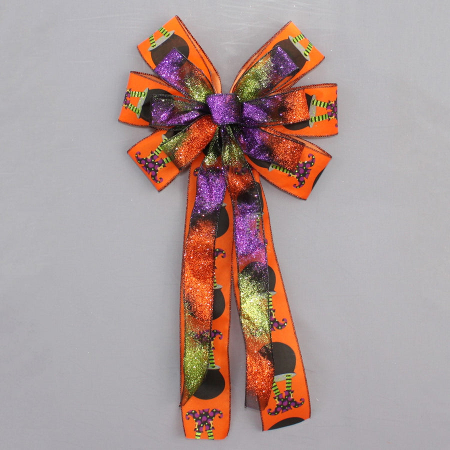 Orange Witches Legs Cauldron Halloween Bow