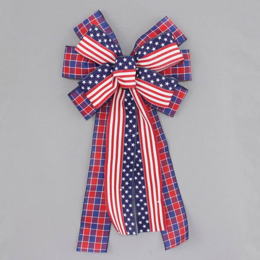 Patriotic Plaid Flag Wreath Bow