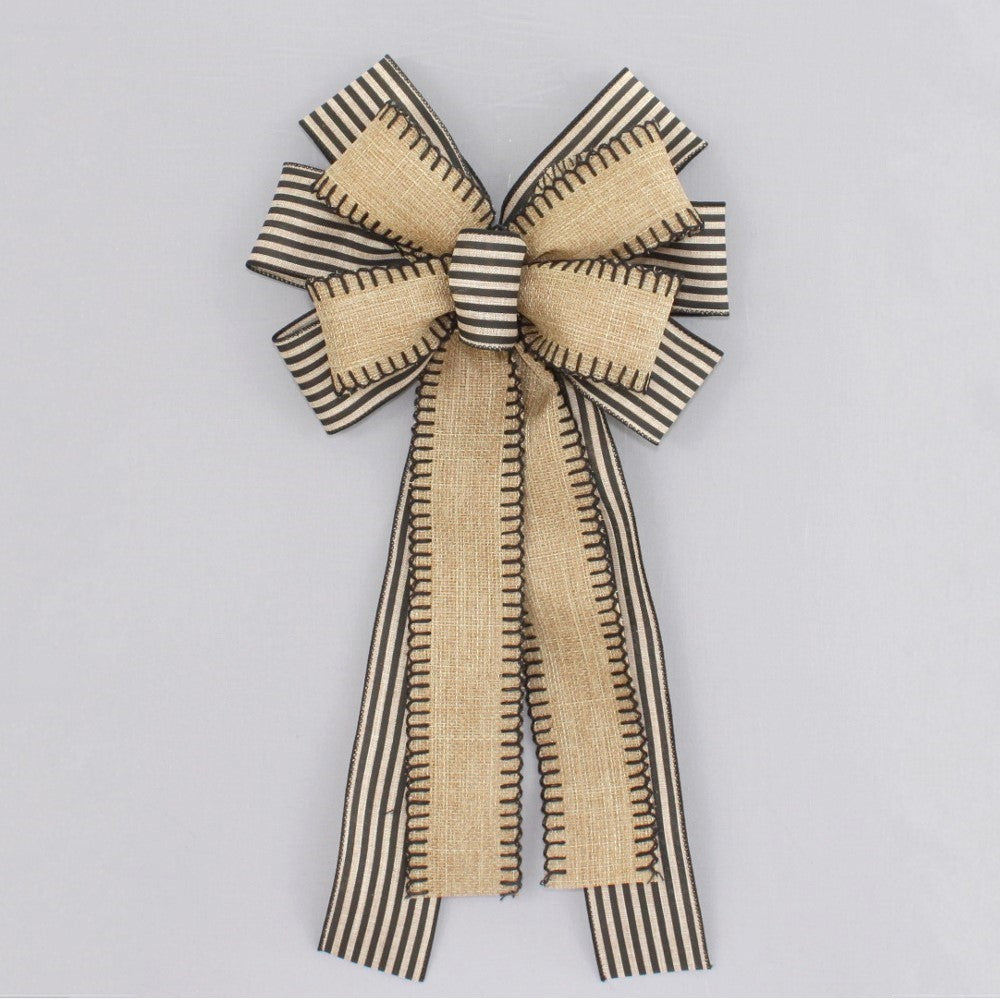 Burlap Black Natural Stripe Wreath Bow