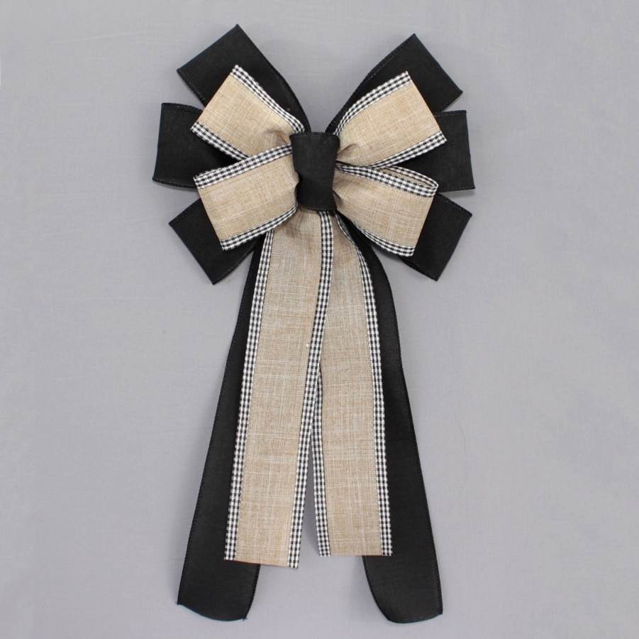 Black Natural Rustic Gingham Wreath Bow