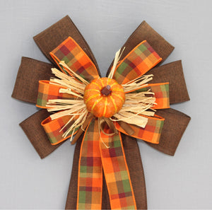 Pumpkin Fall Plaid Linen Wreath Bow