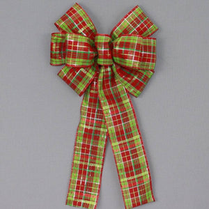 Red Lime Green Metallic Plaid Christmas Bow - Package Perfect Bows - 2