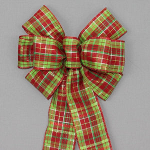 Red Lime Green Metallic Plaid Christmas Bow - Package Perfect Bows - 1