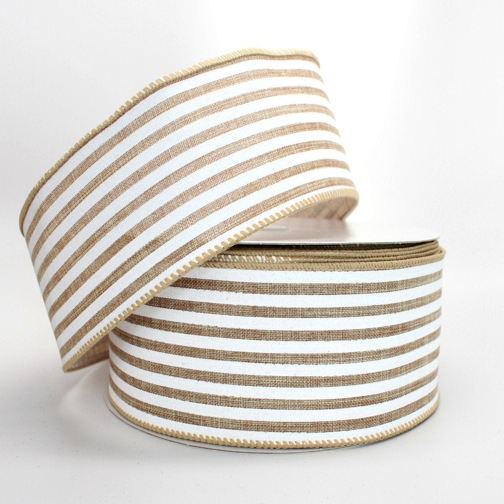 2.5 Natural Linen Black Stripe Wire Ribbon (10 yards)