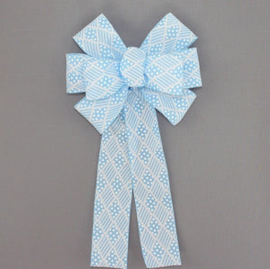 Light Blue Harlequin Stripe Dot Wreath Bow 