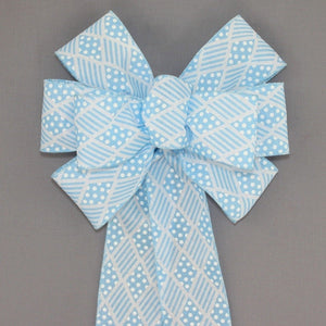 Light Blue Harlequin Stripe Dot Wreath Bow 