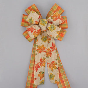 Fall Rustic Maple Leaves Plaid Wreath Bow 