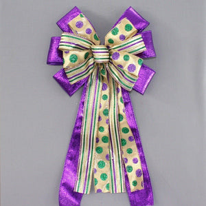 Purple Metallic Stripe Dot Mardi Gras Bow 