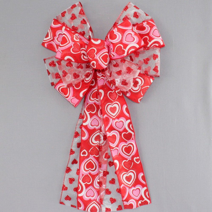 Stacked Pink Red Sparkle Hearts Duo Valentine's Day Bow 