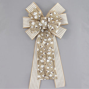 Cotton Boll White Stripe Wreath Bow 