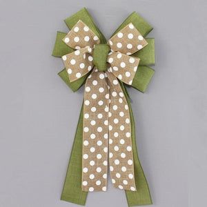 Moss Green Rustic Natural Polka Dot Wreath Bow 