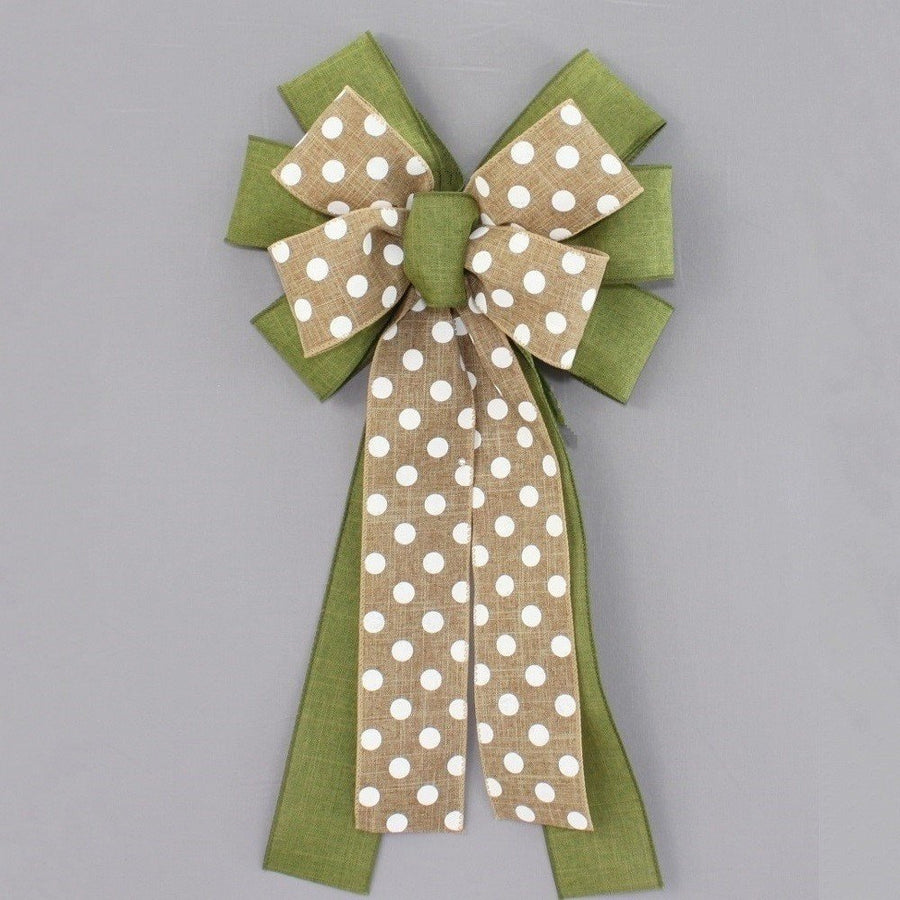 Moss Green Rustic Natural Polka Dot Wreath Bow 