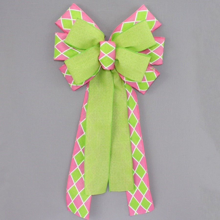 Hot Pink Lime Harlequin Spring Wreath Bow 