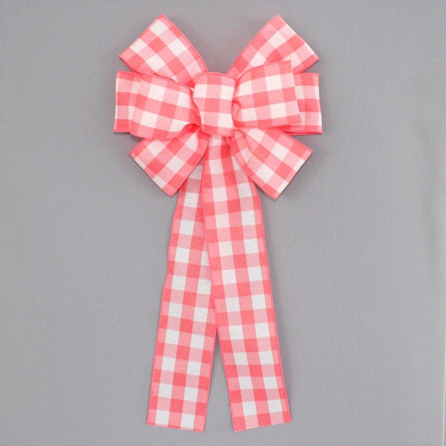 Coral White Buffalo Plaid Spring Wreath Bow 