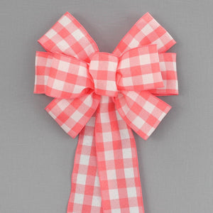 Coral White Buffalo Plaid Spring Wreath Bow 