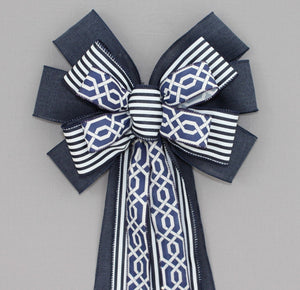 Navy White Stripe Arabesque Wreath Bow 