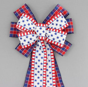 Patriotic Plaid Stars Stripes Wreath Bow 