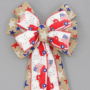 Patriotic Red Truck Stars Wreath Bow 