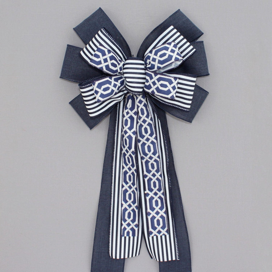 Navy White Stripe Arabesque Wreath Bow 
