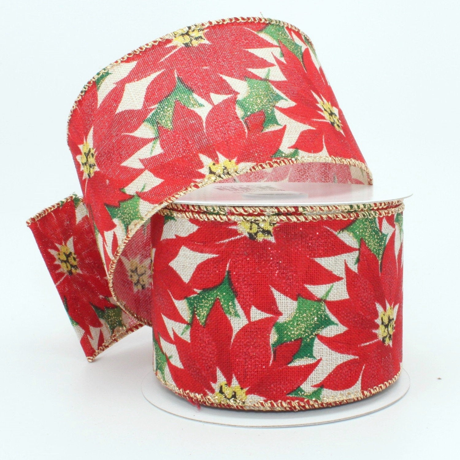 2.5 Rustic Sparkle Poinsettia Christmas Wired Ribbon (10 yards)