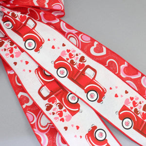 Red Truck Floating Hearts Valentine's Day Wreath Bow