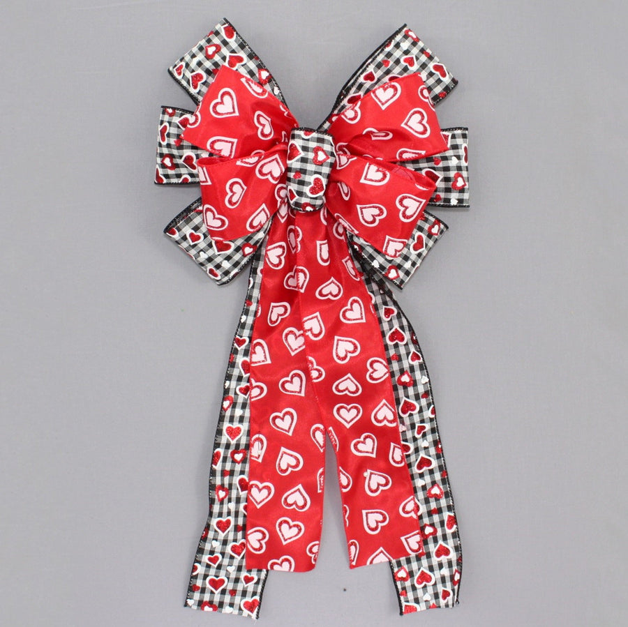 Red Sparkle Hearts Gingham Valentine's Wreath Day Bow