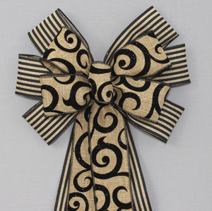 Black Swirl Natural Stripe Wreath Bow