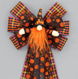 Orange Gnome Metallic Plaid Halloween Wreath Bow
