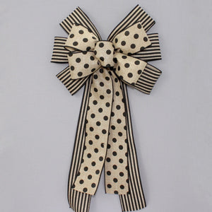 Black Polka Dot Natural Stripe Wreath Bow