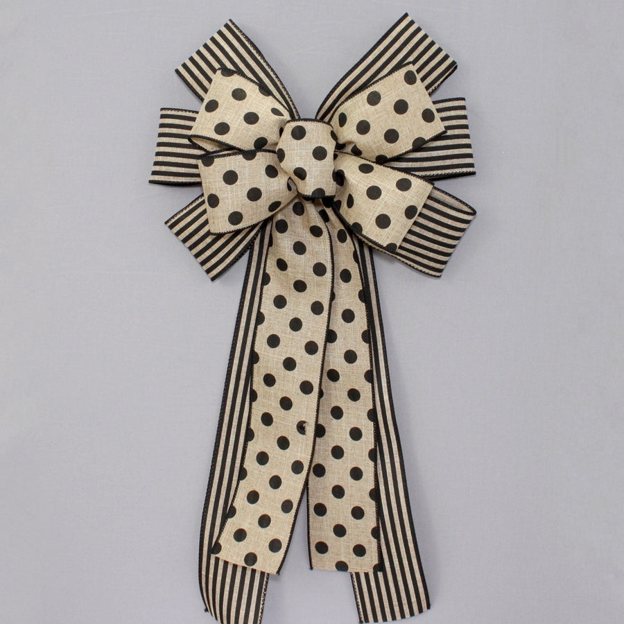 Black Polka Dot Natural Stripe Wreath Bow