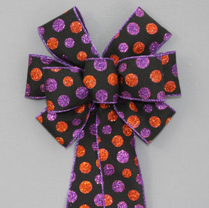 Orange Purple Sparkle Polka Dot Halloween Wreath Bow